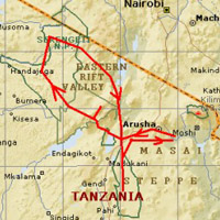 Kaart Tanzania safaris maart tot augustus Kaart Tanzania safaris maart tot augustus